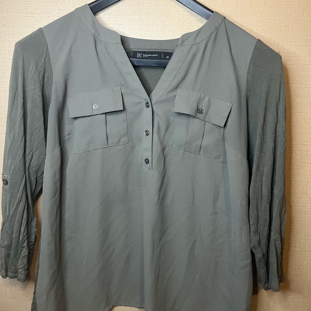 INC International Concepts Olive Green V-Neck Blouse
